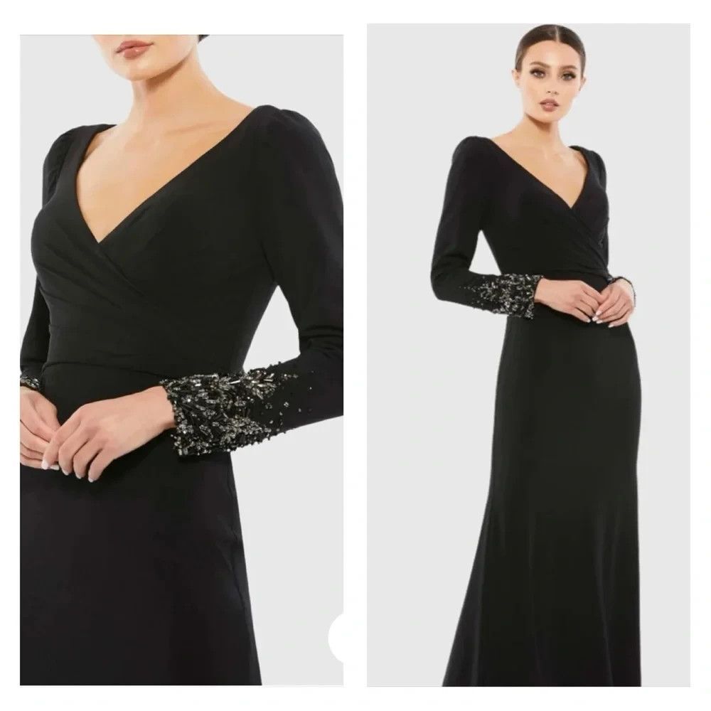 MAC DUGGAL 55712 Beaded Cuff Long Sleeve Black Evening Gown Maxi Size 8 NEW